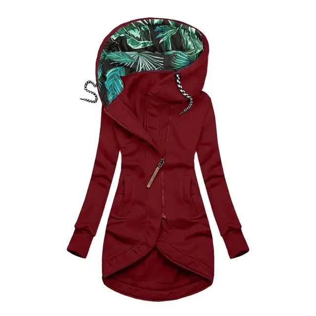 Chaqueta larga con capucha y cremallera para mujer