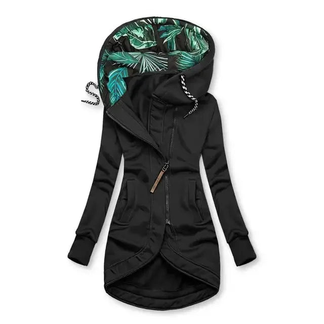 Chaqueta larga con capucha y cremallera para mujer
