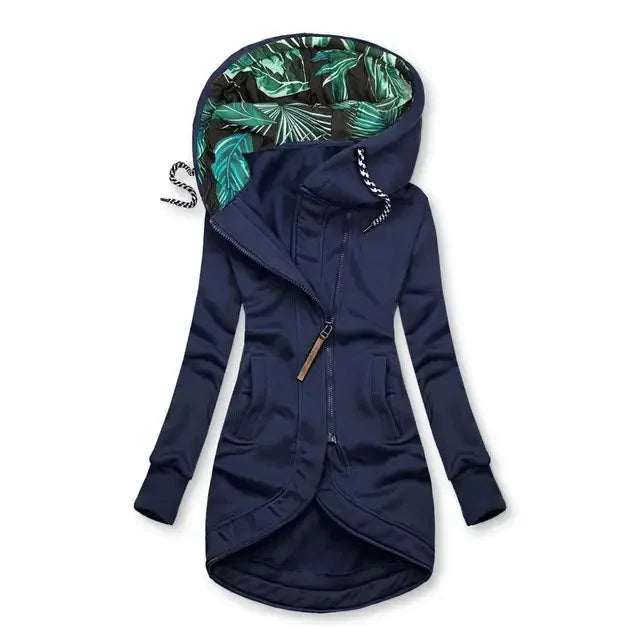 Chaqueta larga con capucha y cremallera para mujer