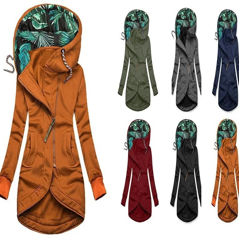 Chaqueta larga con capucha y cremallera para mujer