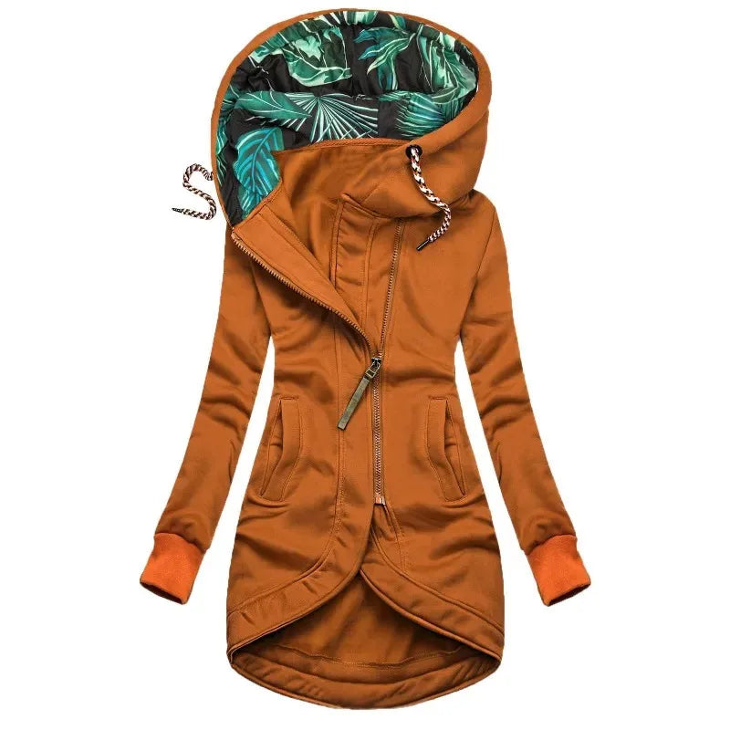 Chaqueta larga con capucha y cremallera para mujer