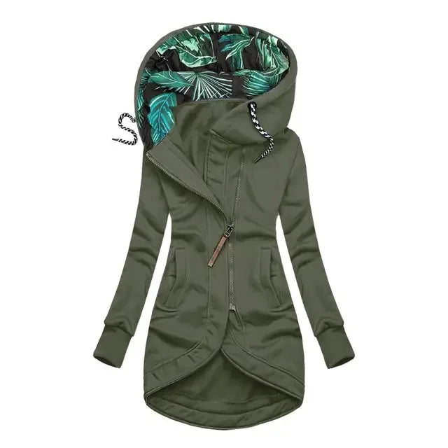 Chaqueta larga con capucha y cremallera para mujer