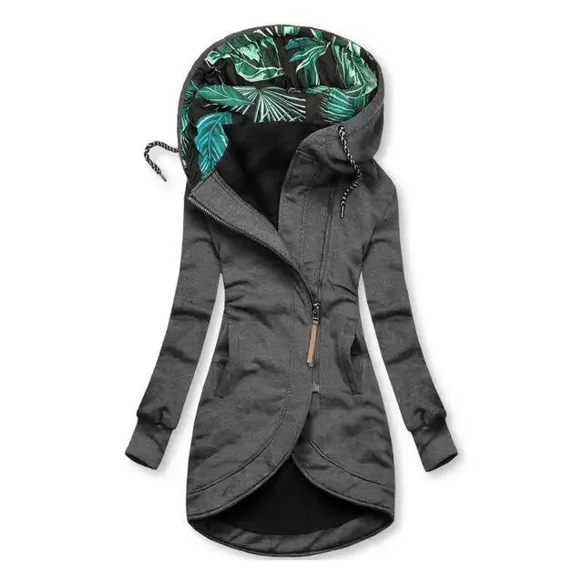 Chaqueta larga con capucha y cremallera para mujer